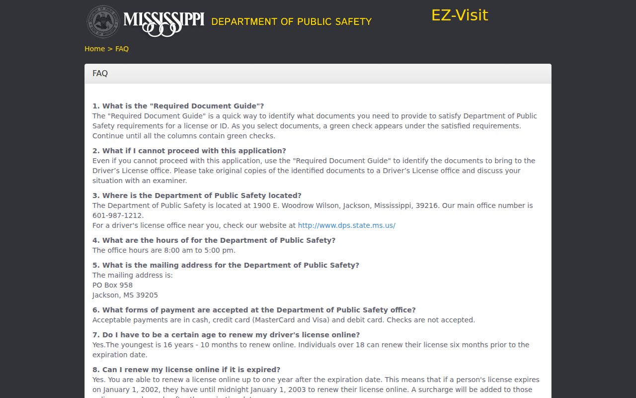 Mississippi DPS reinstatement information without login or personal data