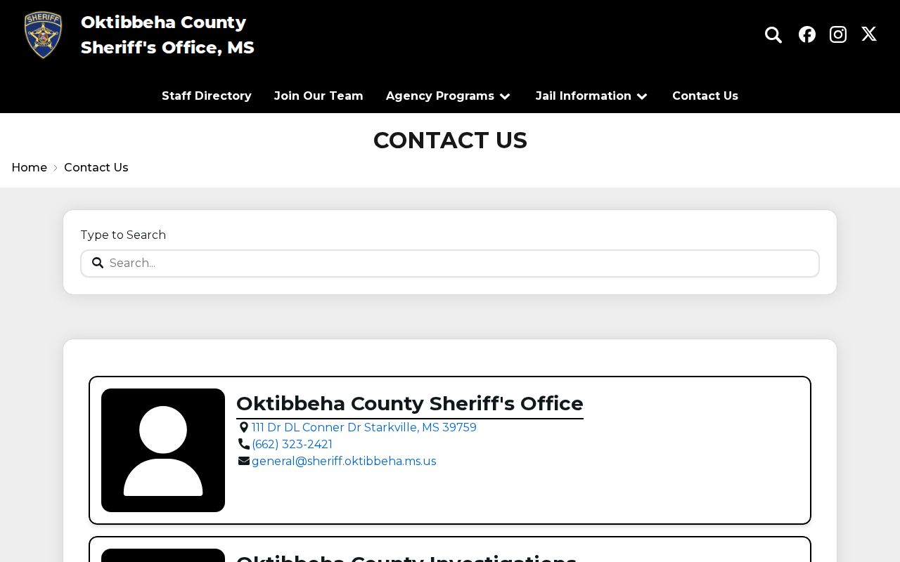 Oktibbeha County Sheriff official contact page without private information