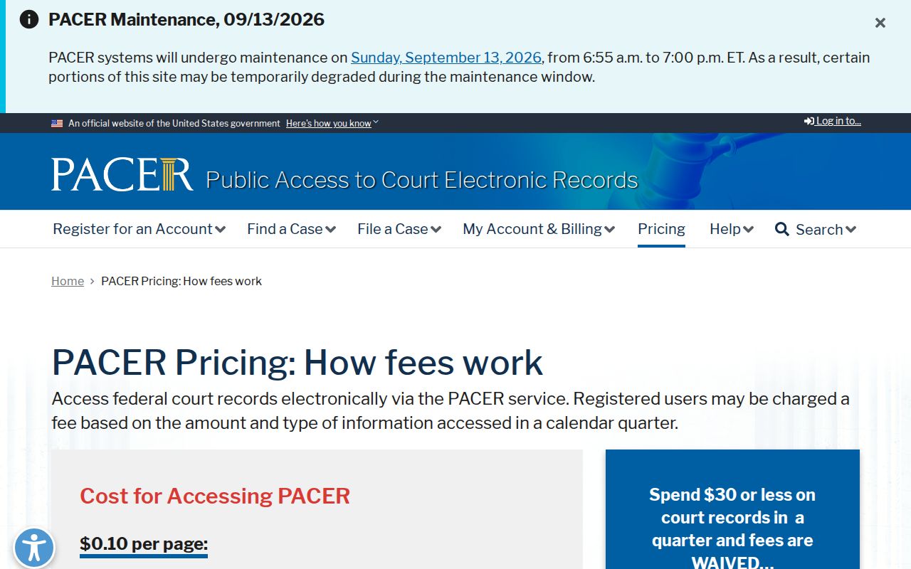 PACER pricing information without a login or case search