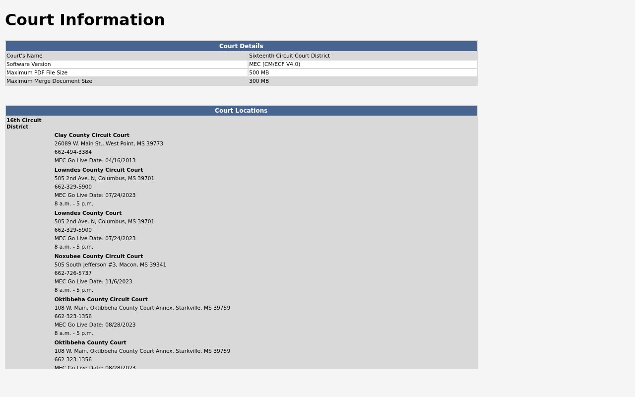 Mississippi Electronic Court information for the 16th Circuit without a person query